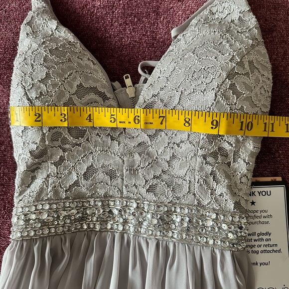 NWT Macy’s Emerald Sundae Gray maxi dress size Small, V neckline, front slit - Picture 9 of 15